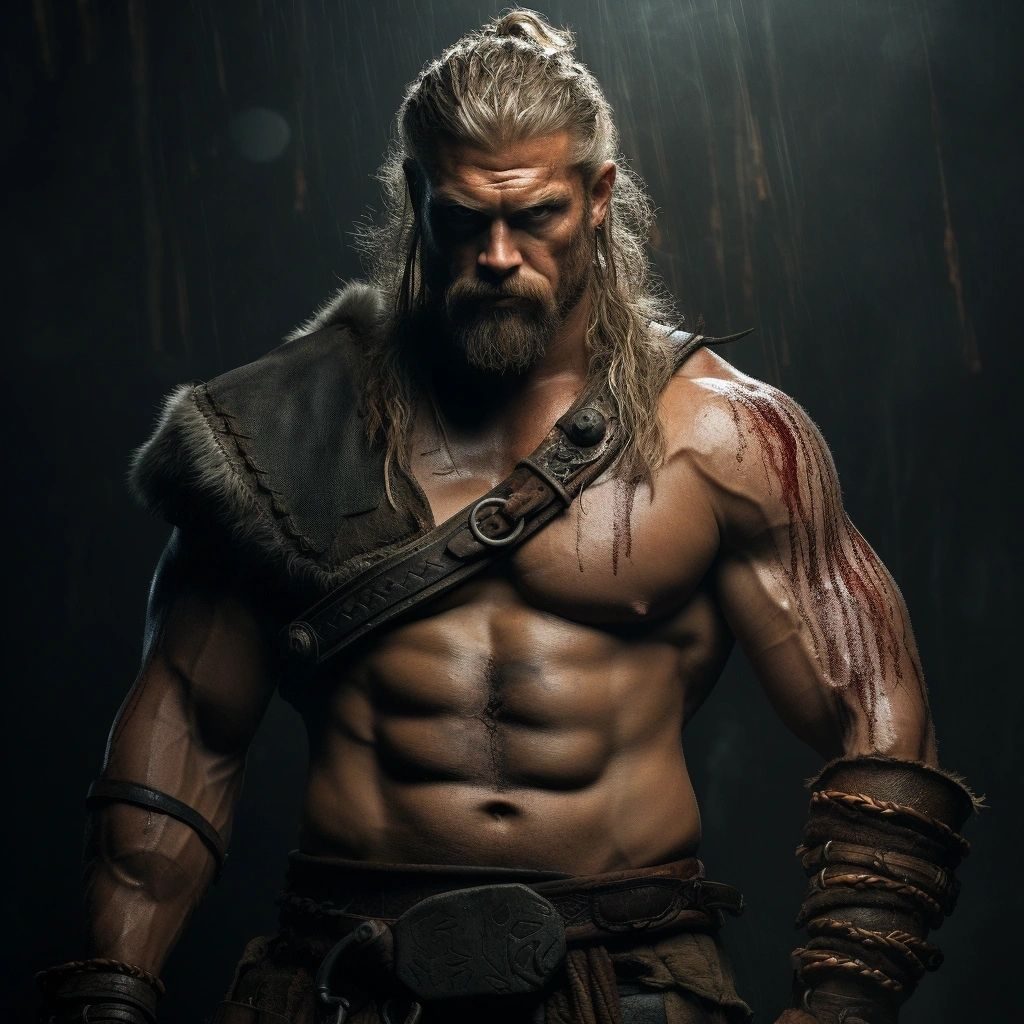 A shirtless, bearded barbarian warrior with long hair and leather straps