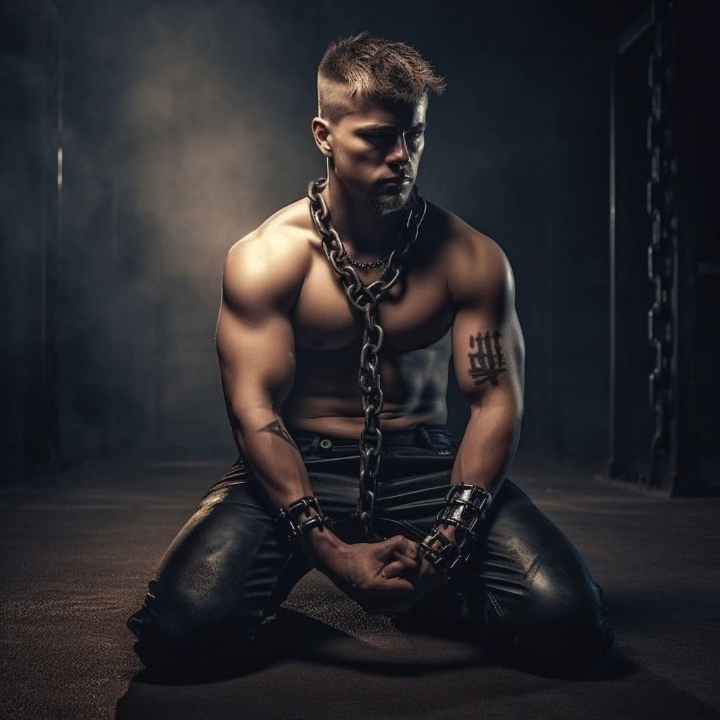 A shirtless muscular man in leather trousers kneeling in chains in a dark room
