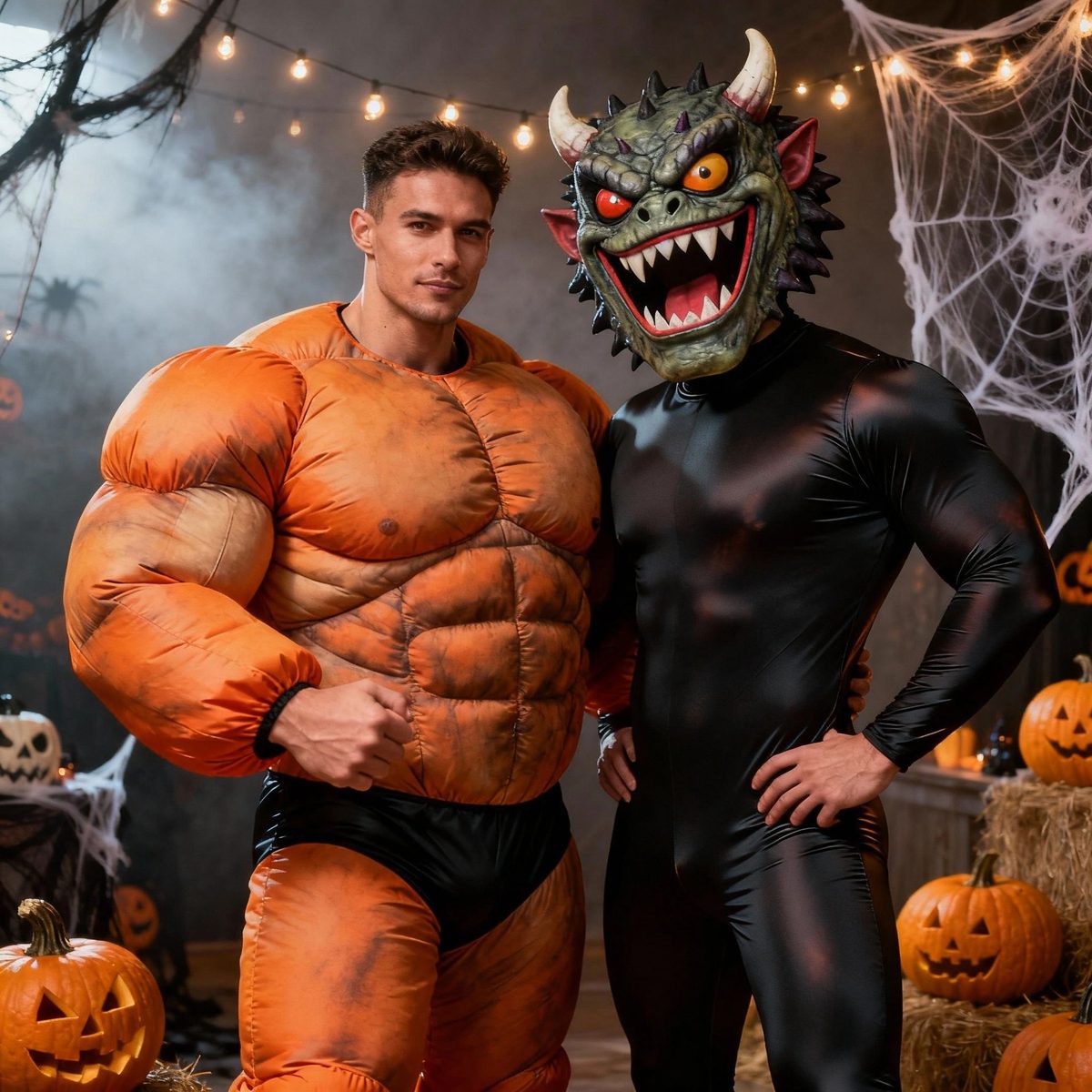 Two men in Halloween costumes, one in an inflatable orange muscle suit, one in a monster mask