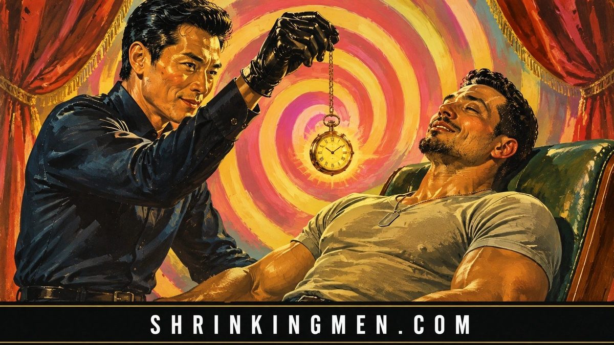Retro comic art of a hypnotist swinging a pocket watch over a relaxed man on a couch