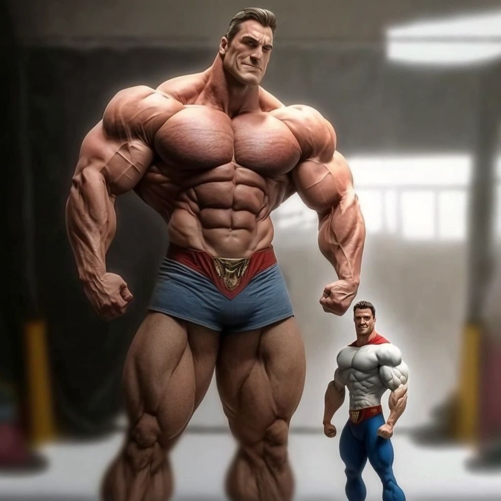 A giant bodybuilder in blue trunks standing beside a much smaller muscular superhero figure