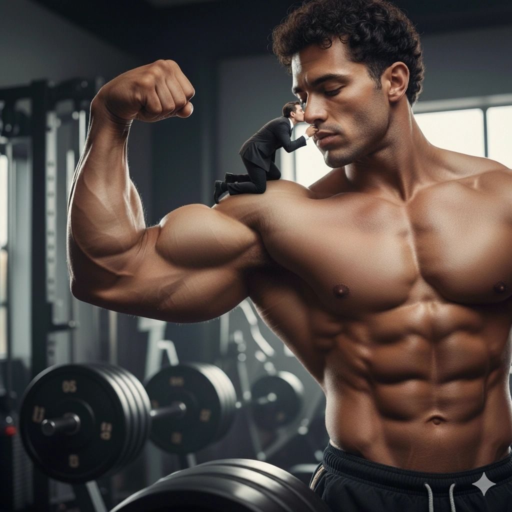 A tiny man in a suit clinging to the flexed bicep of a shirtless giant in a gym