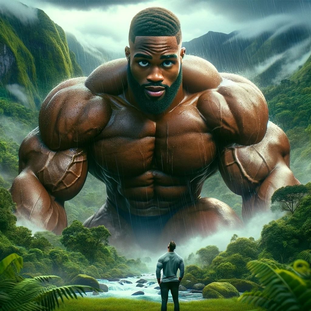 A giant muscular man rising above a jungle valley as a tiny man looks up at him