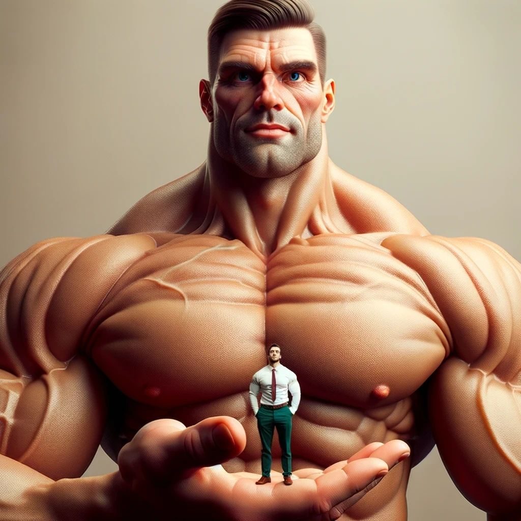 A giant shirtless muscleman holding a tiny man in a shirt and trousers in his palm