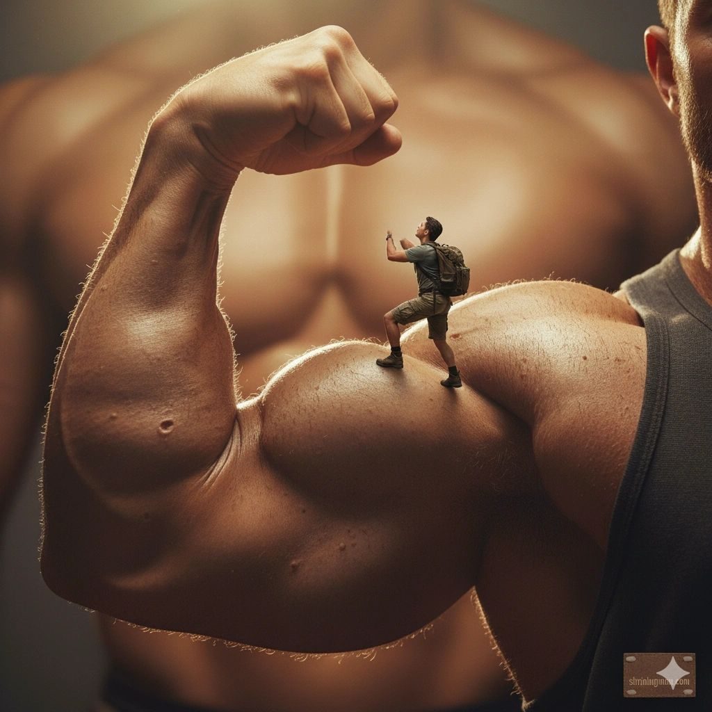 A tiny man standing on a giant's flexed bicep, close up