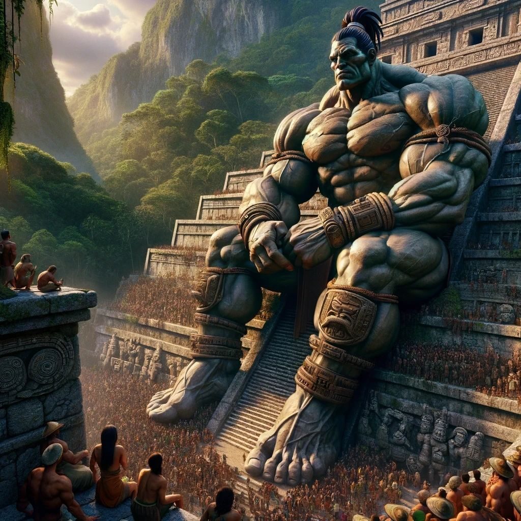 A giant warrior seated on the steps of a Mayan pyramid above a crowd of tiny people