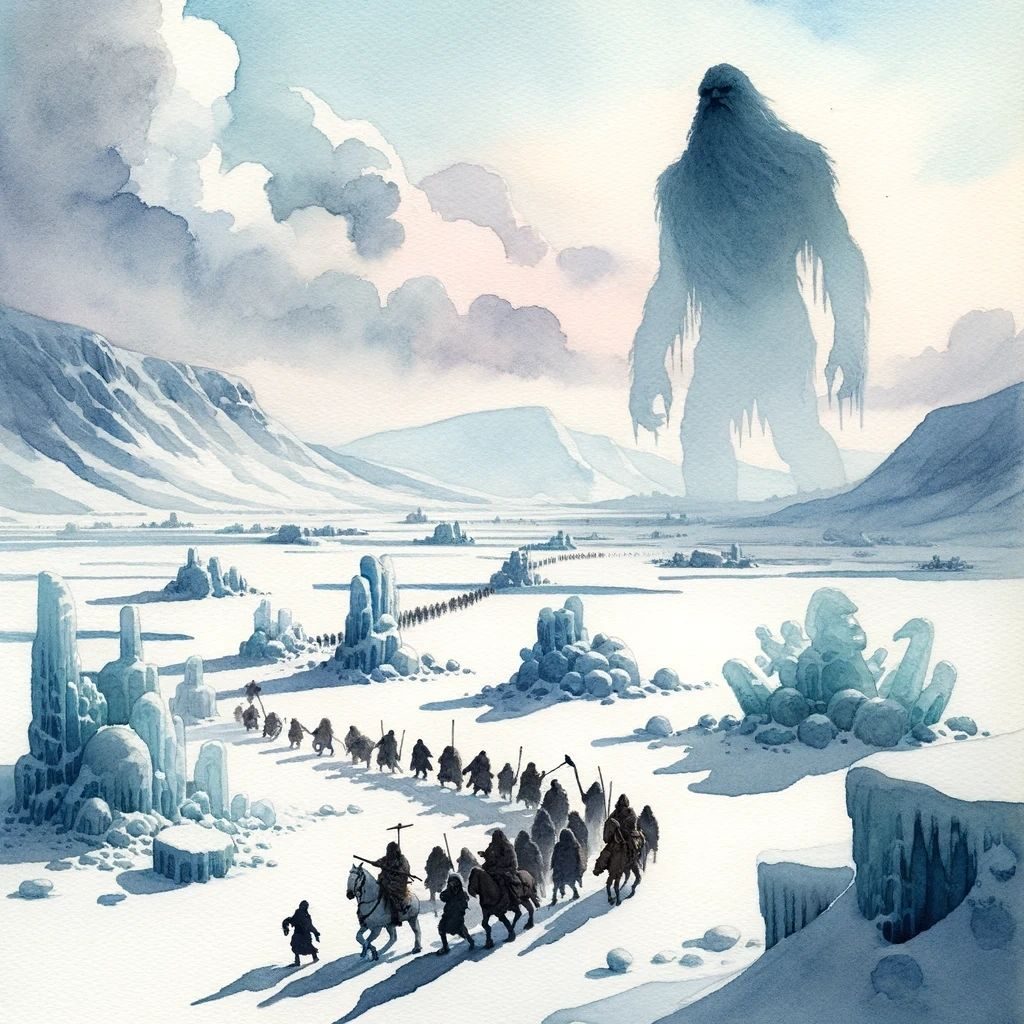 Watercolour of a ghostly giant rising over a frozen landscape as a line of tiny travellers passes