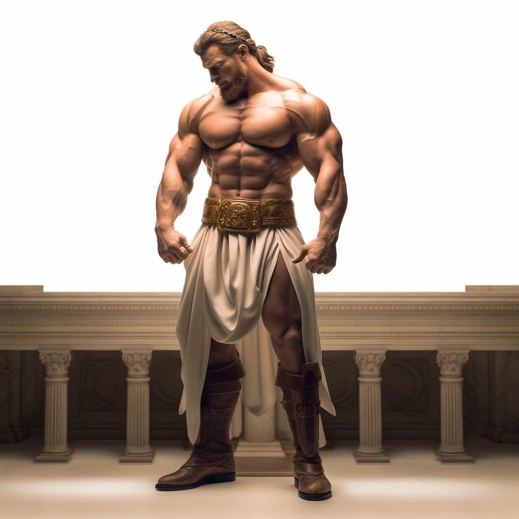A giant muscleman in a white wrap and boots standing on a classical balcony