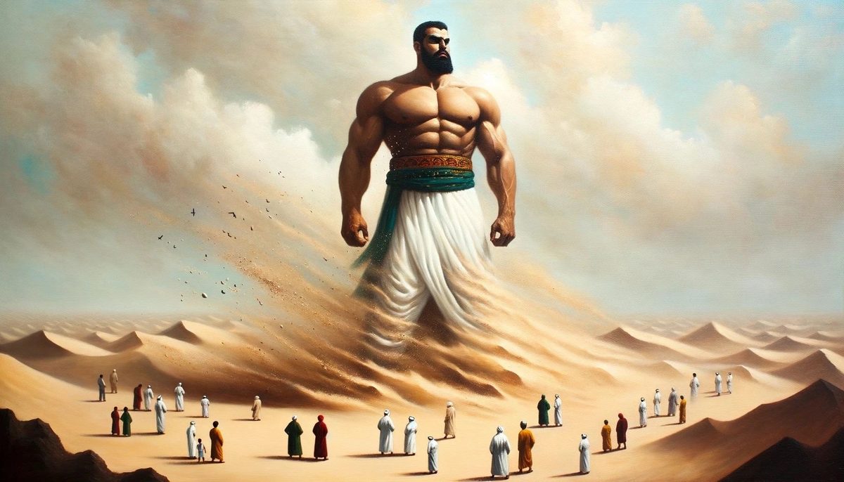 A shirtless giant in white trousers towering over tiny people in a desert