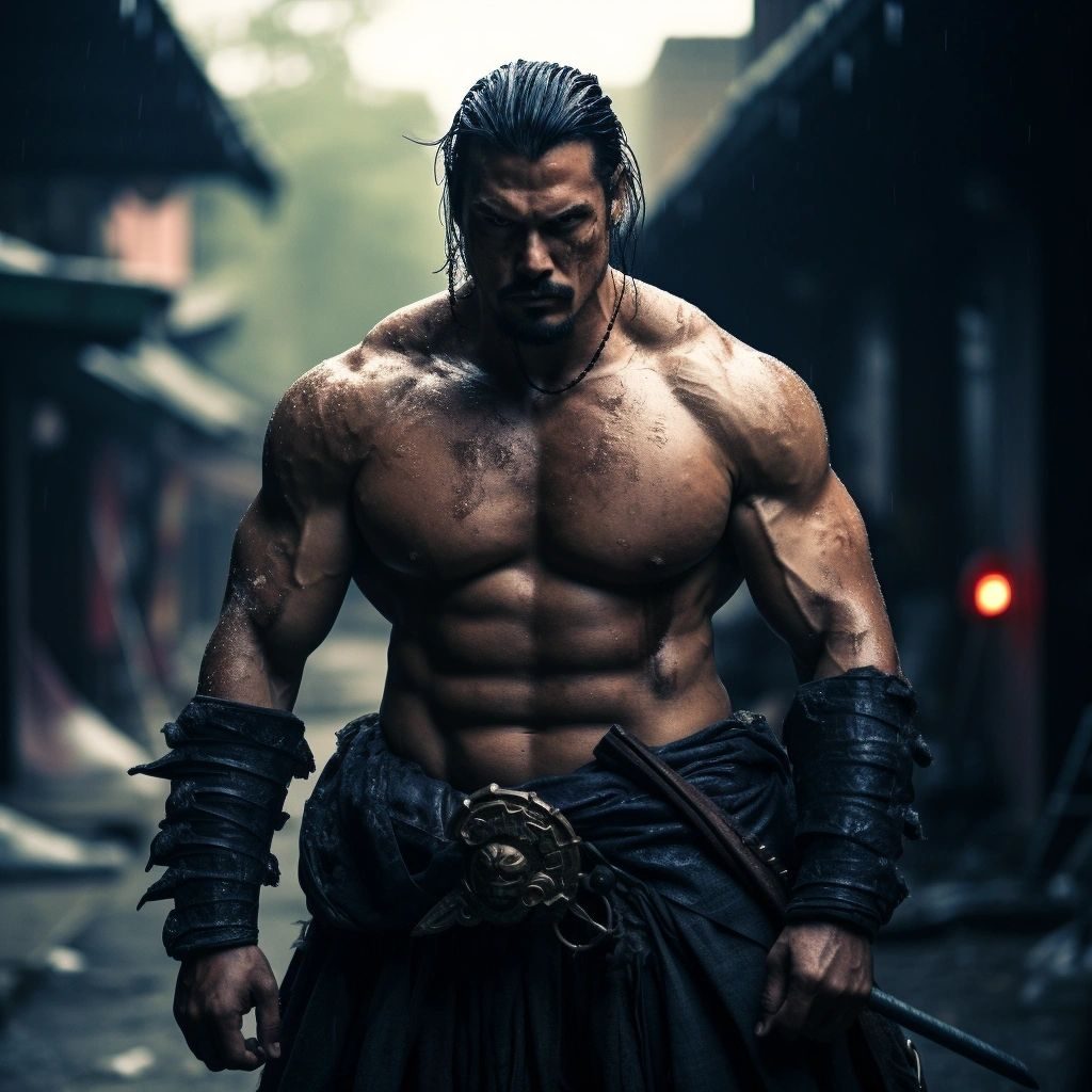 A shirtless samurai warrior with a sword standing in the rain