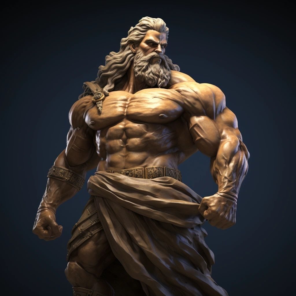 A bearded, muscular statue of a Zeus-like god in a draped robe