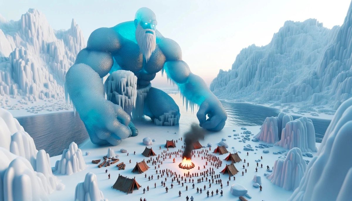 A giant blue frost giant crouching over a tiny village camp and bonfire in an icy valley