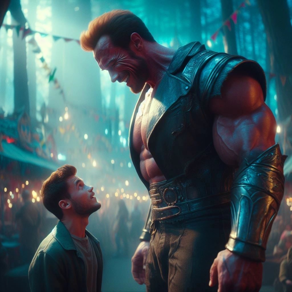 A towering muscular man in a leather vest leaning down towards a much smaller man at a festival