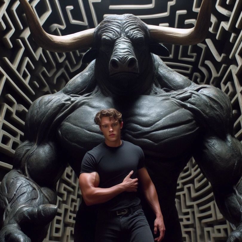 A giant black minotaur looming behind a man in a black T-shirt in a stone labyrinth