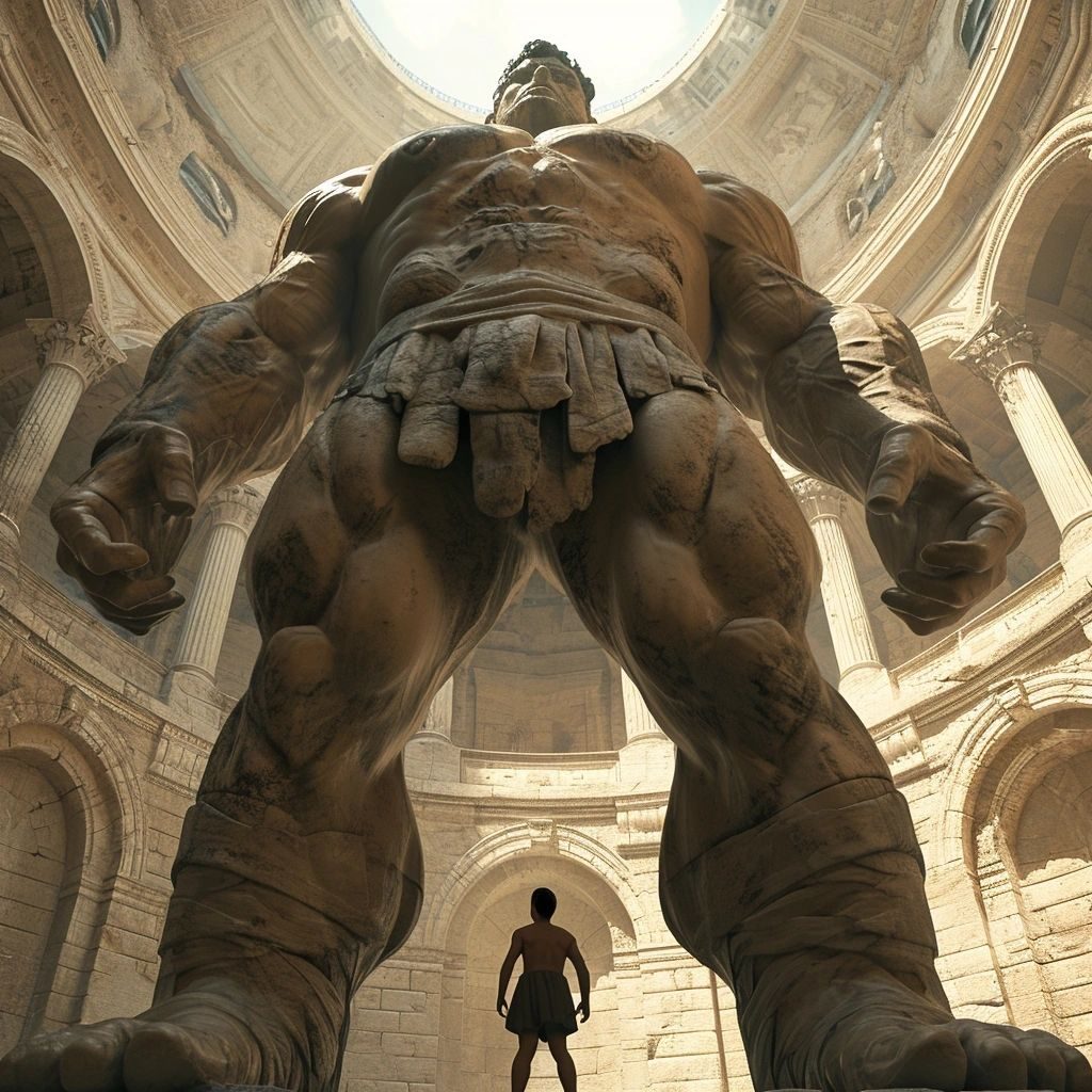 A giant stone warrior statue seen from below in a domed hall, a small man standing at its feet
