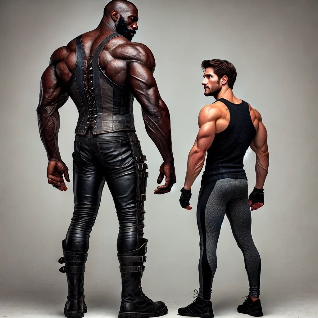 A towering muscular man in black leather beside a shorter man in a vest and leggings, from behind