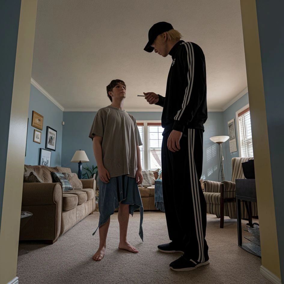 A very tall man in a tracksuit and cap looming over a shorter man in a living room