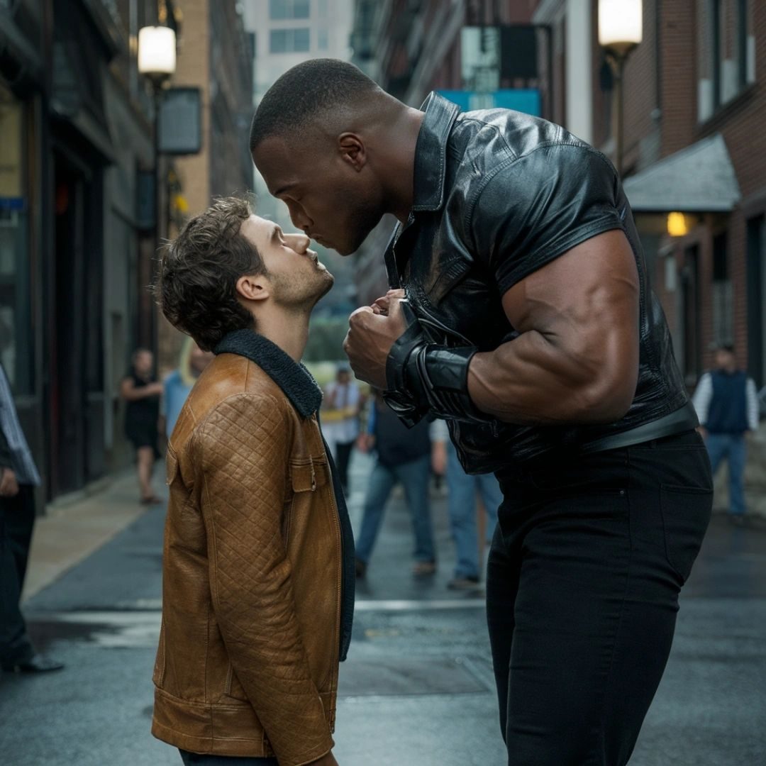 A huge muscular man in leather leaning down nose to nose with a much smaller man in a street