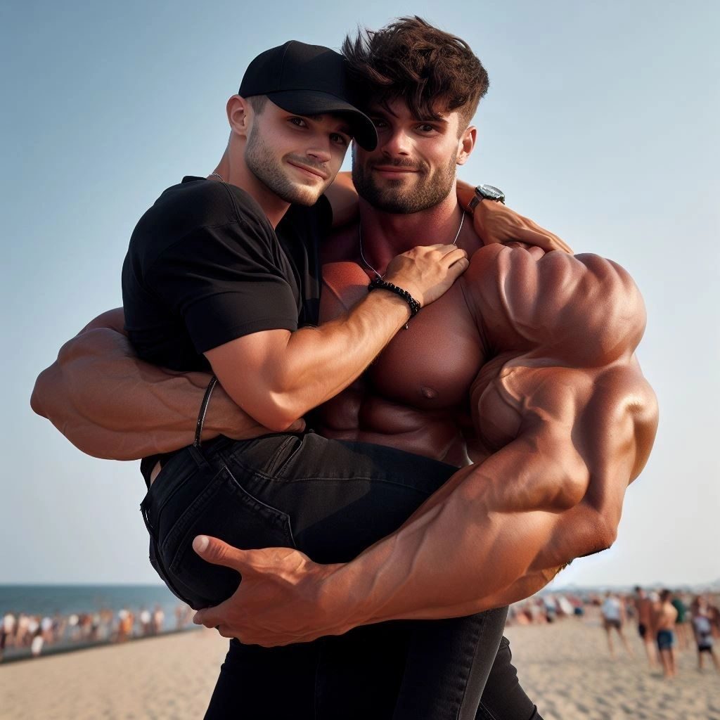 A shirtless muscular giant hugging and lifting a smaller man in a cap on a beach
