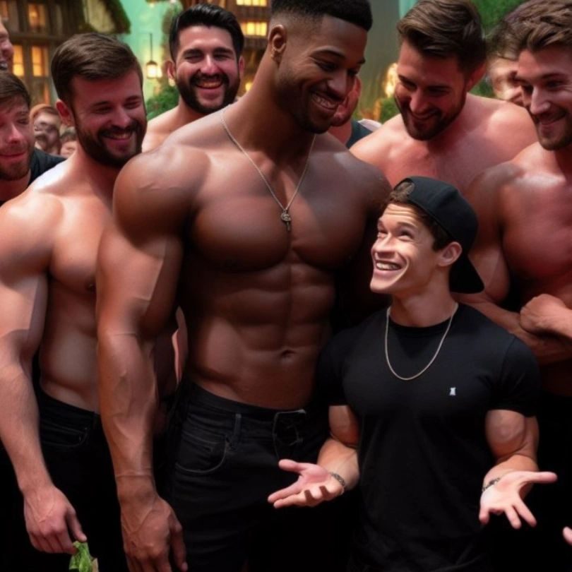 A group of big shirtless muscular men surrounding a smaller man in a black T-shirt and cap