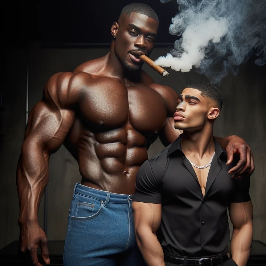 A shirtless muscular man smoking a cigar with his arm around a smaller man in a black shirt
