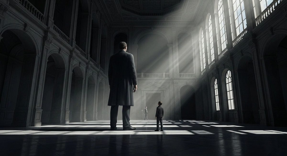 A tall man and a much smaller man standing in a vast, dim hall lit by shafts of light