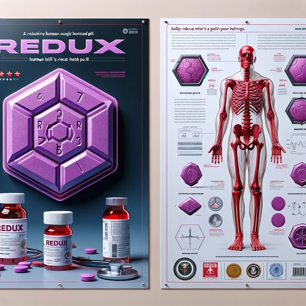REDUX pill poster showing a purple hexagonal tablet, medicine bottles and a skeleton diagram