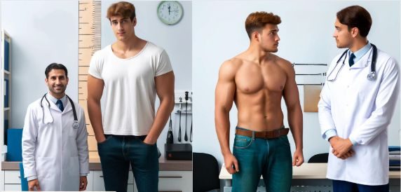 Doctors with two tall men in a clinic, one in a T-shirt and one shirtless, in a before and after split
