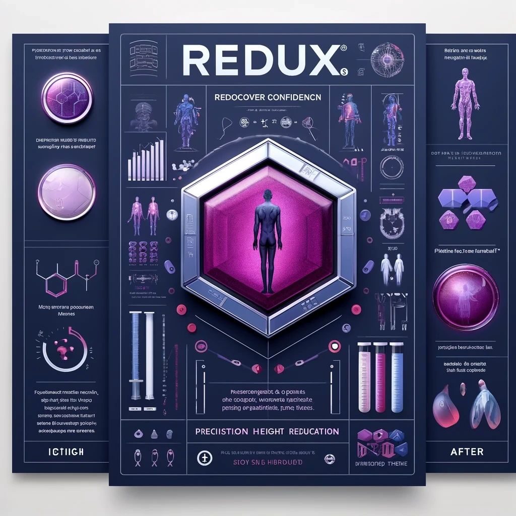 Infographic poster for REDUX, a fictional height-reduction pill, with a purple hexagonal tablet