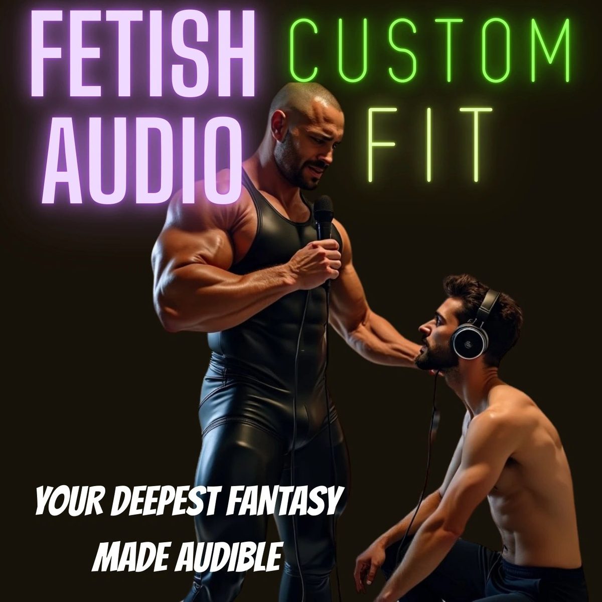 Fetish Audio Custom Fit promo, a man in leather with a mic holding the chin of a kneeling shirtless man