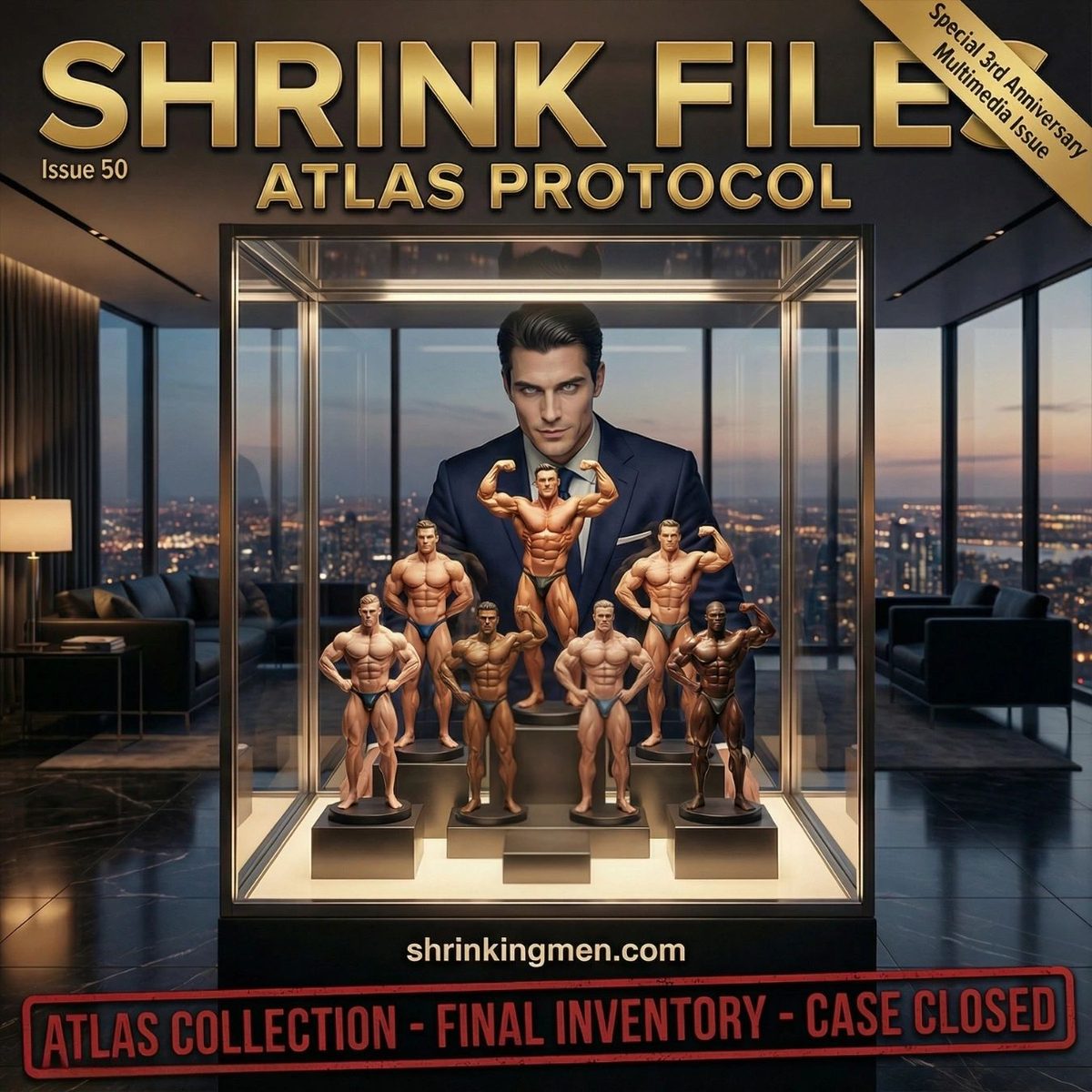 Cover of Shrink Files Issue 50: Atlas Protocol, a man in a suit behind a glass case of tiny bodybuilders