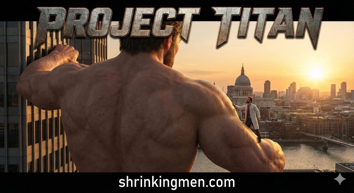 Project Titan banner: a giant shirtless man seen from behind over the London skyline at sunset