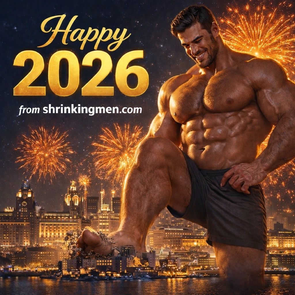 Happy 2026 from shrinkingmen.com: a giant shirtless muscleman striding over a city amid fireworks