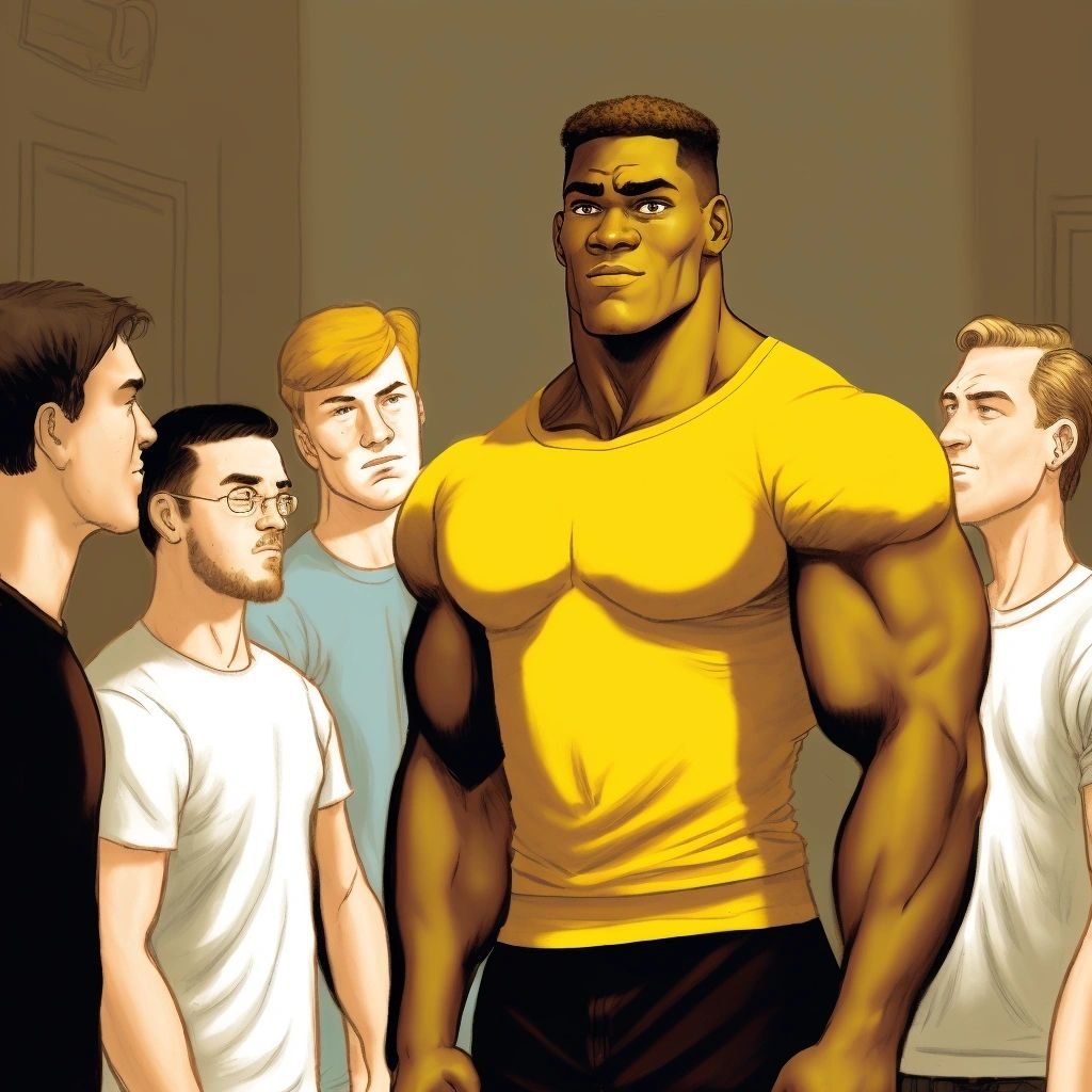 Cartoon of a big muscular man in a tight yellow T-shirt surrounded by smaller men