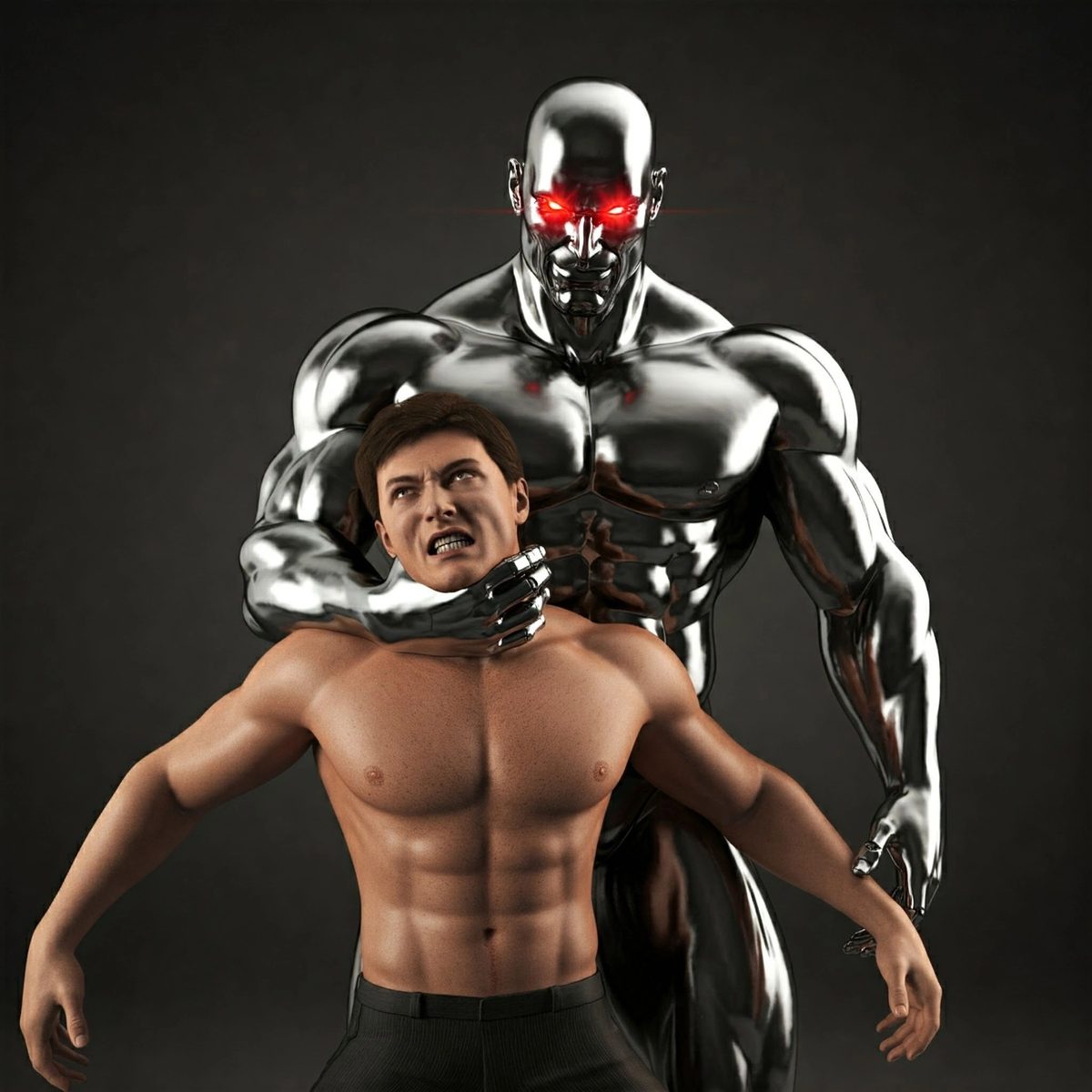 A chrome robot holding a shirtless man in a headlock