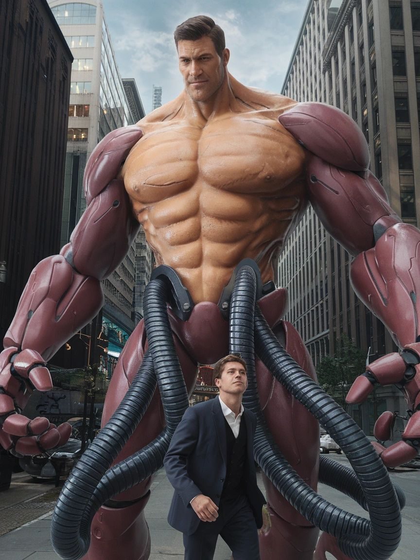 A towering android with red armour and hose tentacles over a man in a suit in a city street
