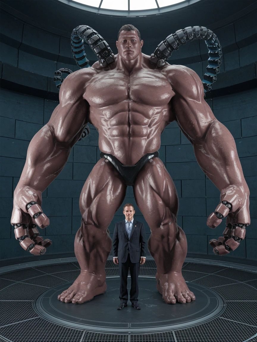 A giant purple android in black briefs with cable tentacles, a man in a suit standing at its feet