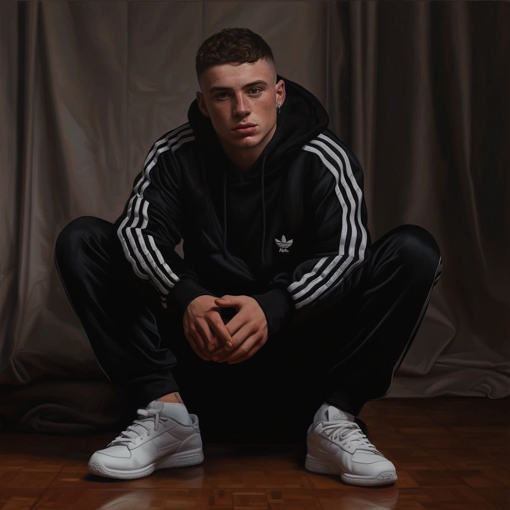 A man in a black Adidas tracksuit crouching in a studio