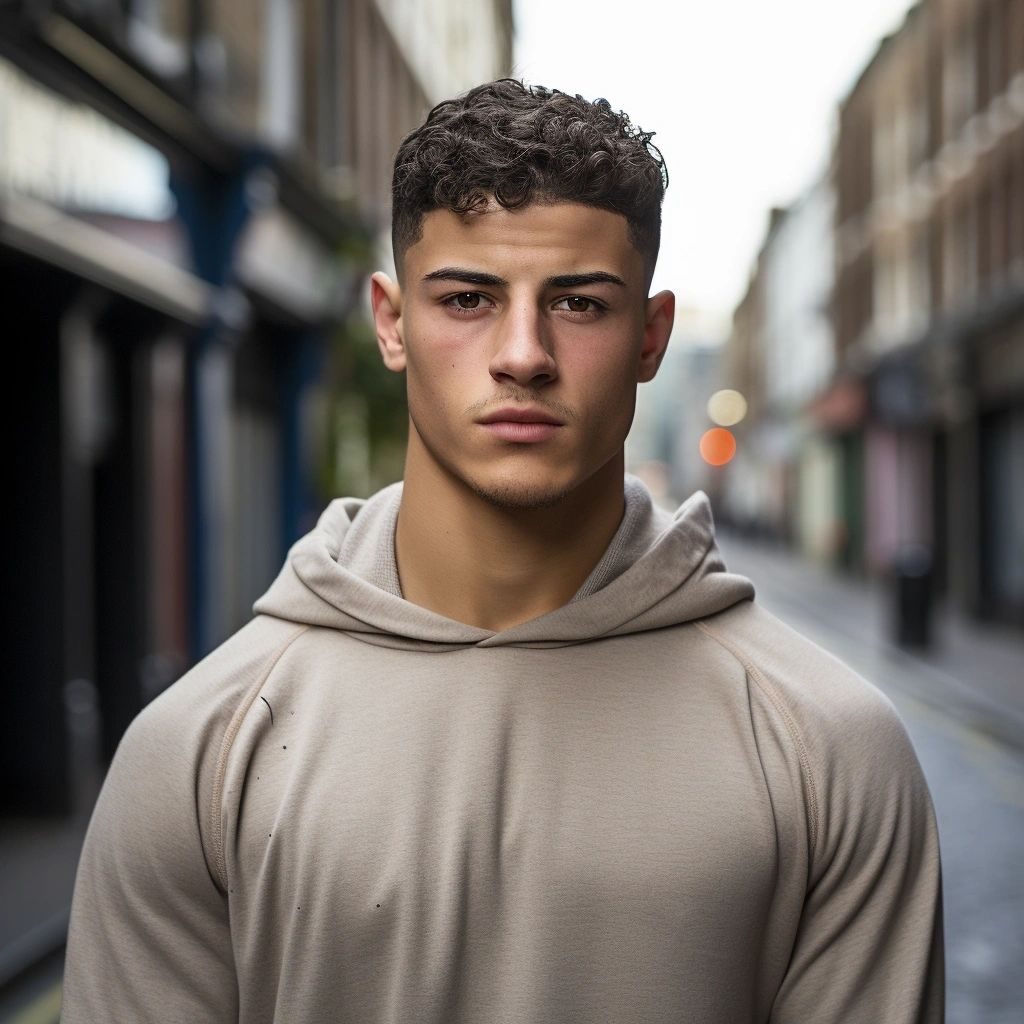 A man with curly hair in a beige hoodie standing in a street