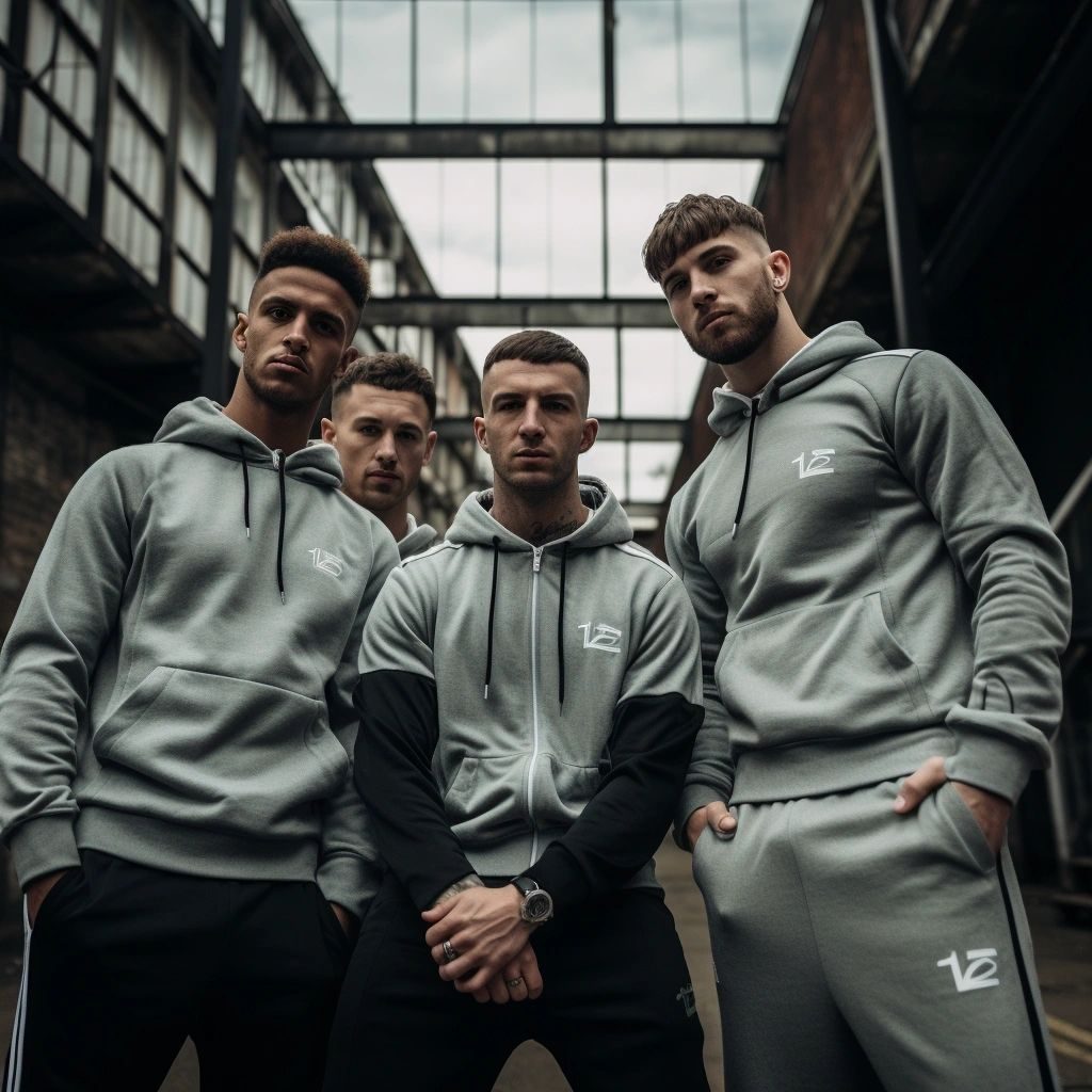 Four men in matching grey tracksuits posing in an industrial building