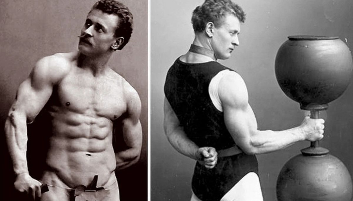 Two vintage photos of Eugen Sandow: posing nude with a fig leaf, and in a leotard with a globe barbell