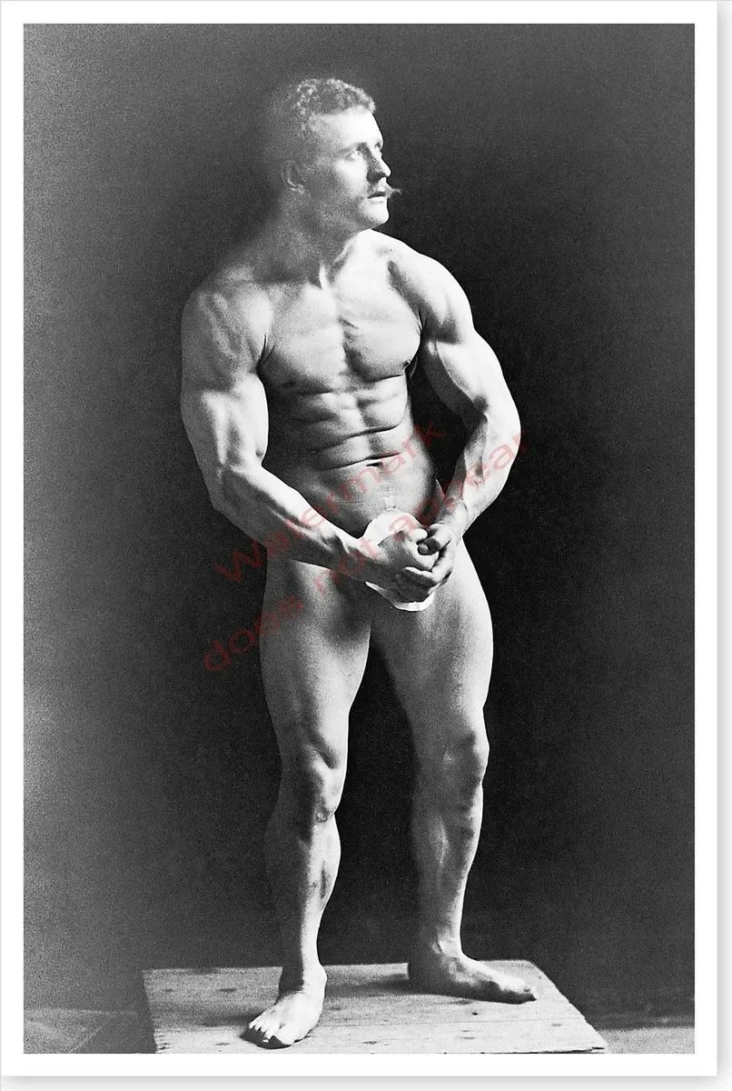 Vintage photo of Eugen Sandow posing nude, his hands covering his groin