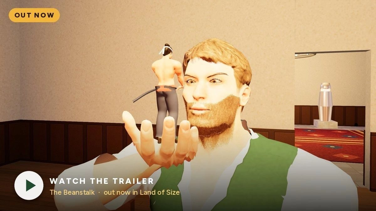 The Beanstalk game image showing the giant Caspian in a green waistcoat holding a tiny samurai on his palm.