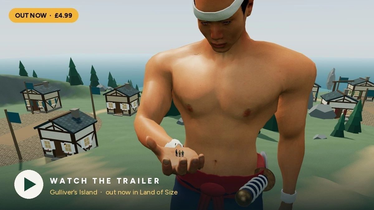 Gulliver's Island game screen, a shirtless giant holding something over a tiny village