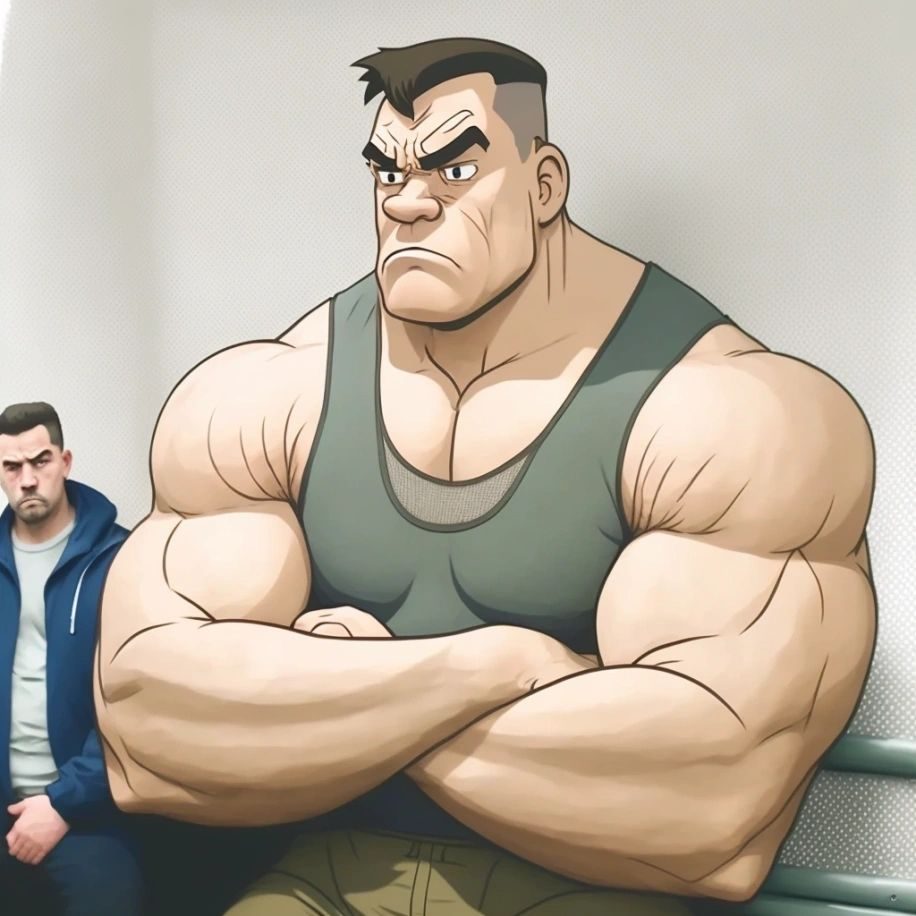 Cartoon of a grumpy muscular man in a green vest with his arms crossed