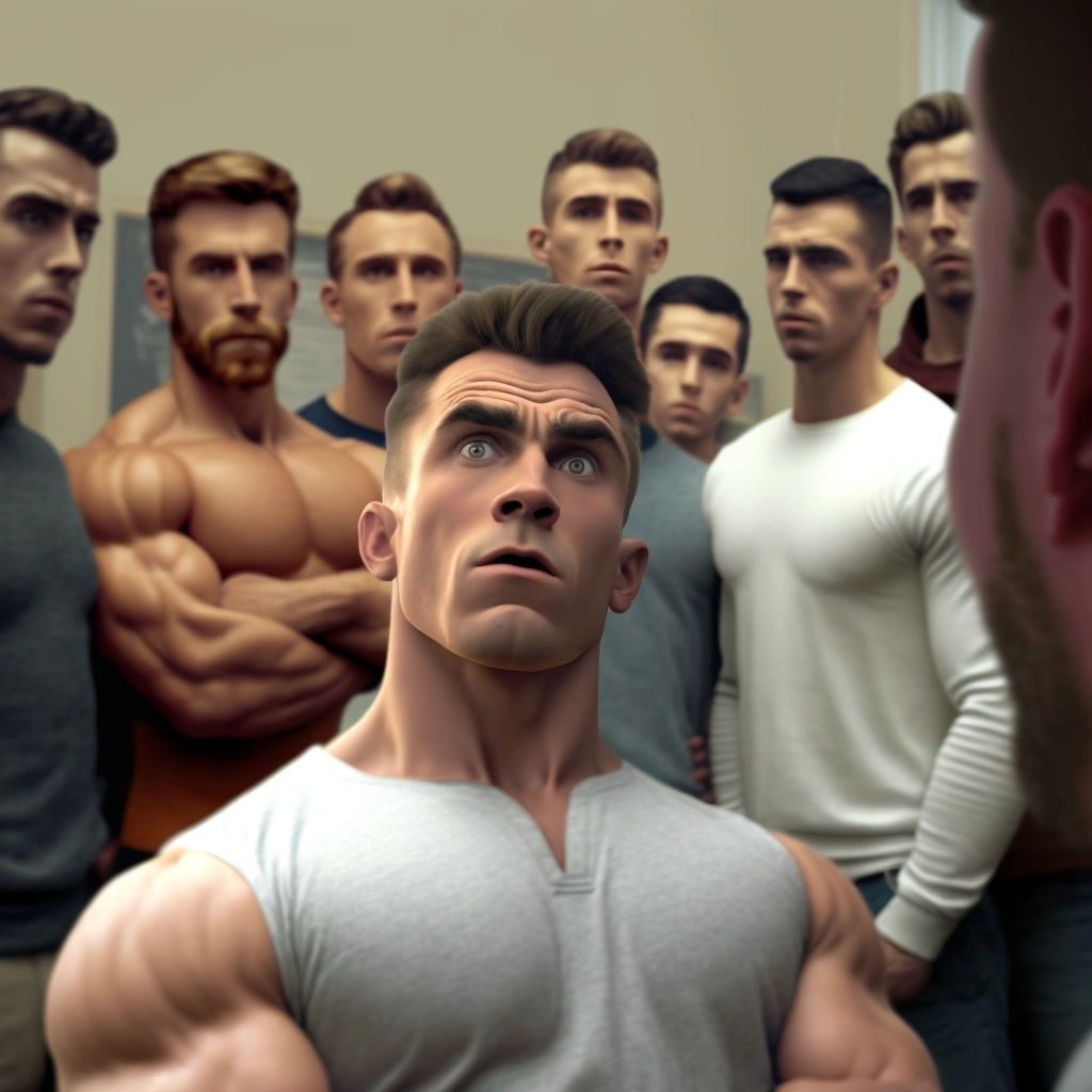 A muscular man in a grey T-shirt looking up nervously, surrounded by a group of men