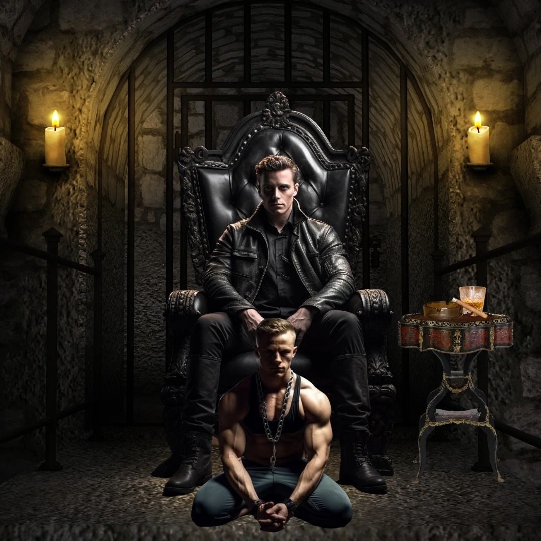 A man in a leather jacket on a throne in a dungeon, a shirtless man kneeling in chains before him