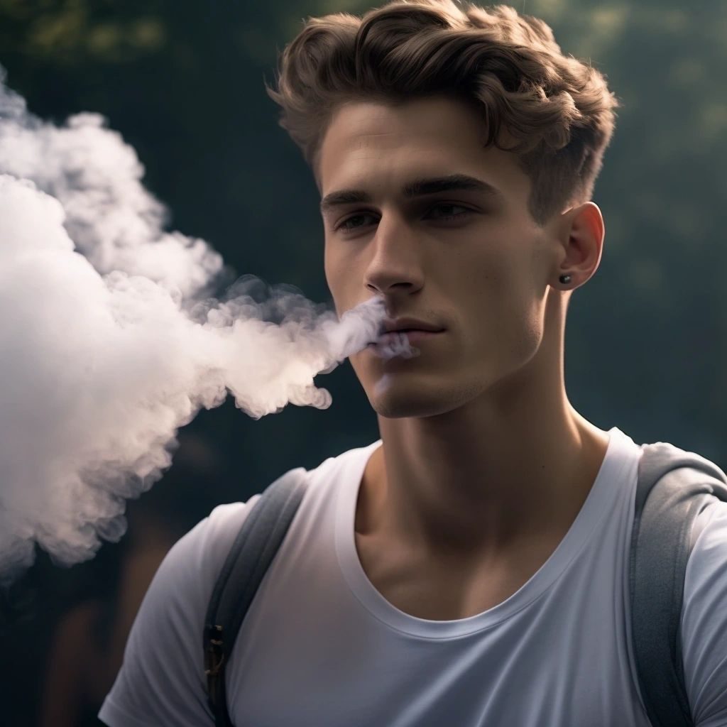 A man in a white T-shirt exhaling a cloud of vape smoke