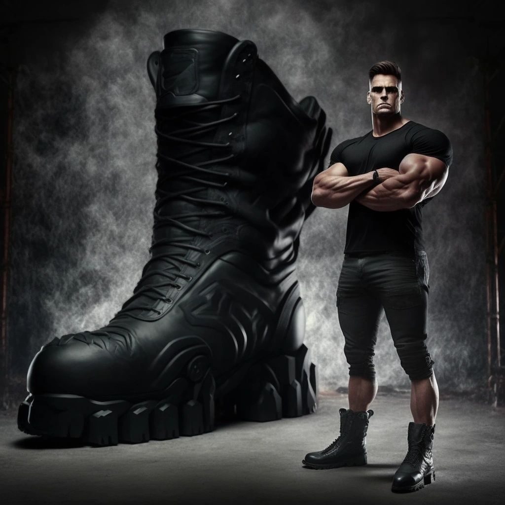 A muscular man in a black T-shirt standing beside a giant black boot
