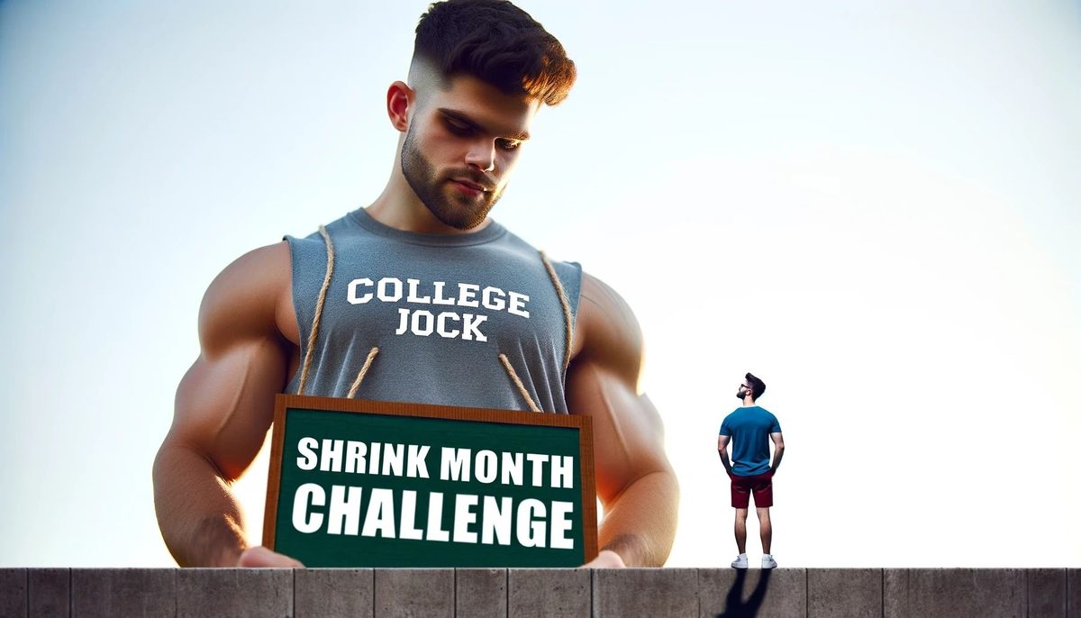 A giant in a College Jock vest holding a Shrink Month Challenge sign beside a tiny man